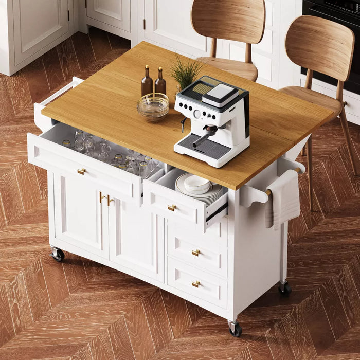 Embossed Texture Kitchen Island with Spice Rack, Drop Leaf and Adjustable Shelf