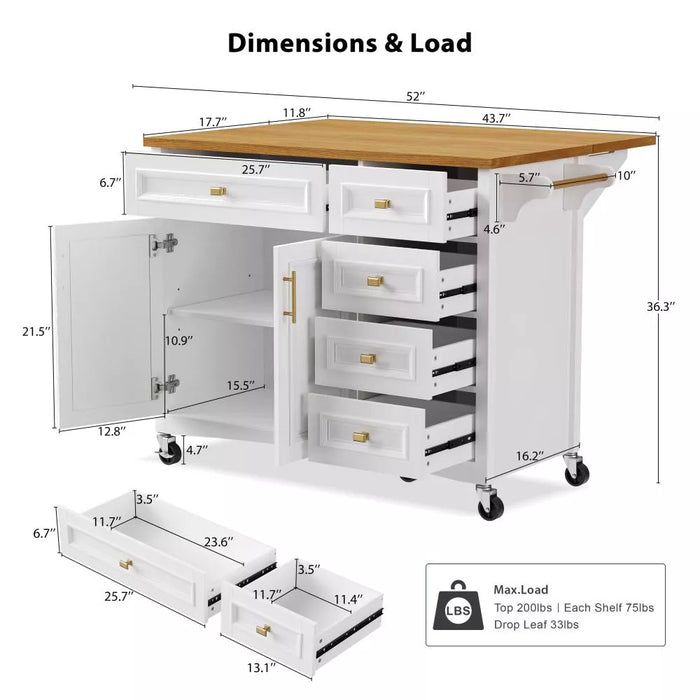 Embossed Texture Kitchen Island with Spice Rack, Drop Leaf and Adjustable Shelf