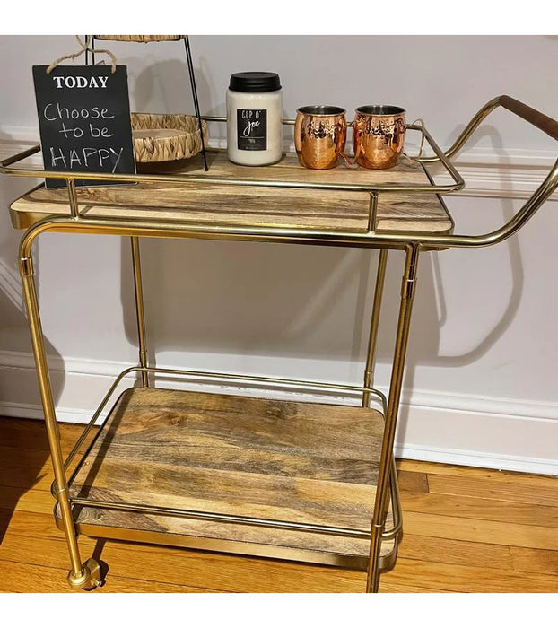 Metal, Wood, and Leather Bar Cart - Gold - Threshold™: Beverage Serving Cart with Casters, Indoor Use