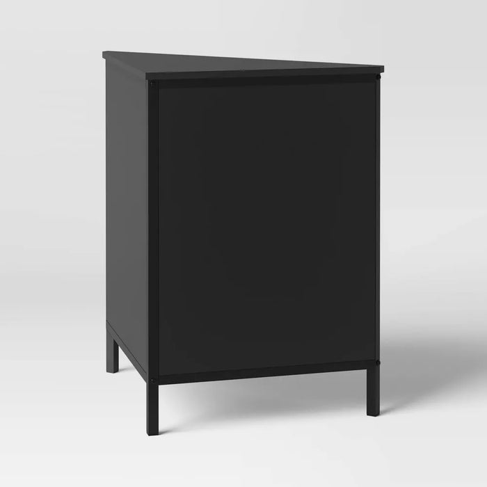 Mesh Corner Cabinet Black Sleek Metal Storage with Golden Handles, V-Shaped Design