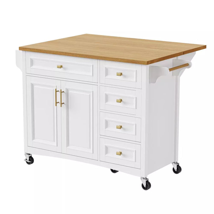 Embossed Texture Kitchen Island with Spice Rack, Drop Leaf and Adjustable Shelf