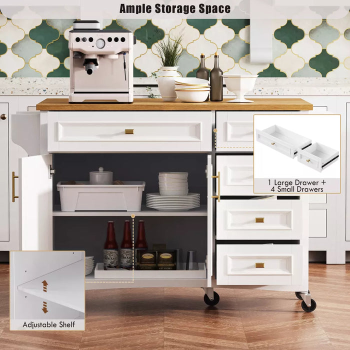 Embossed Texture Kitchen Island with Spice Rack, Drop Leaf and Adjustable Shelf