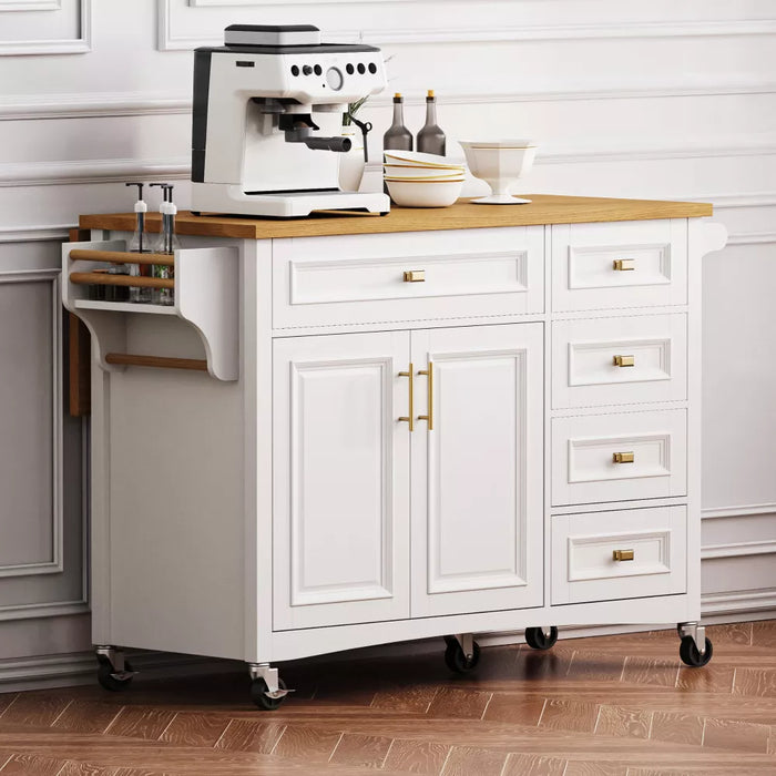 Embossed Texture Kitchen Island with Spice Rack, Drop Leaf and Adjustable Shelf