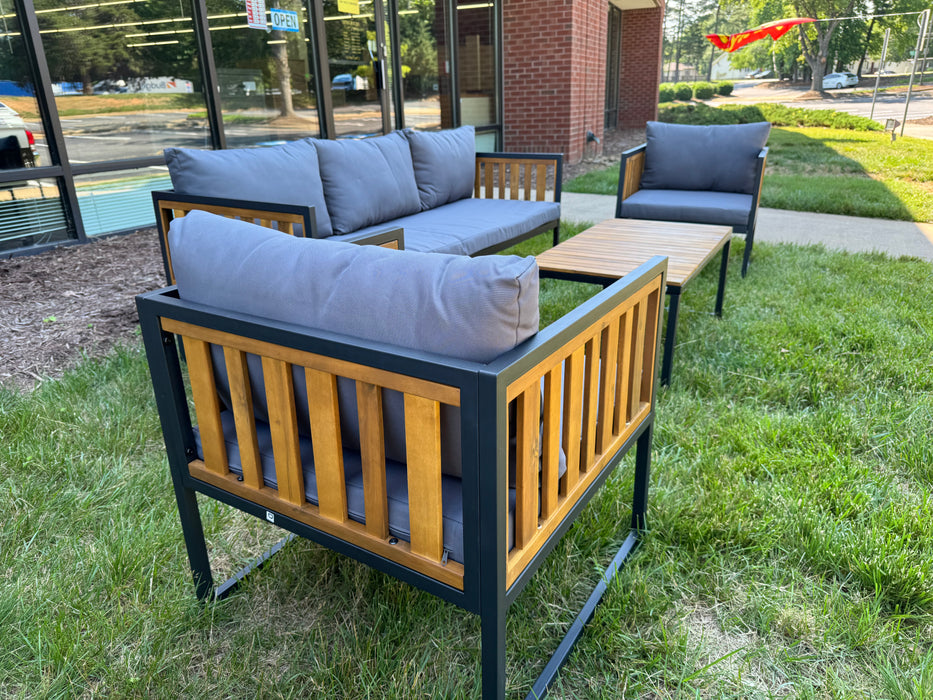 Wood and Metal Frame 4Pc Patio Outdoor Set With Grey Cushions