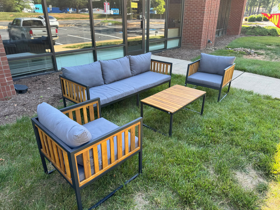 Wood and Metal Frame 4Pc Patio Outdoor Set With Grey Cushions