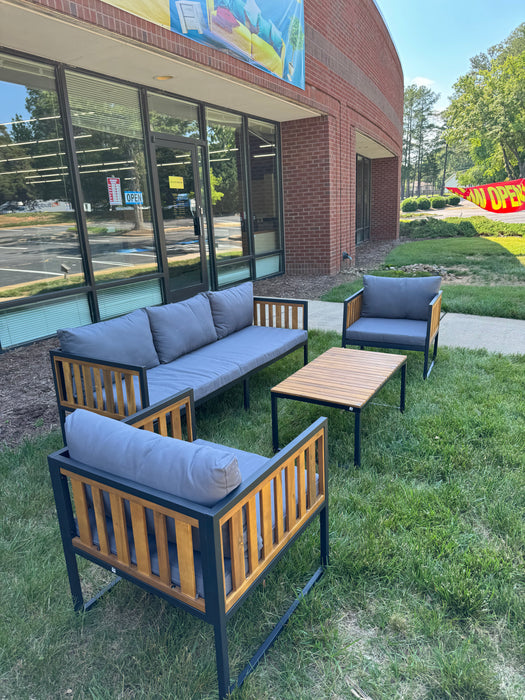 Wood and Metal Frame 4Pc Patio Outdoor Set With Grey Cushions