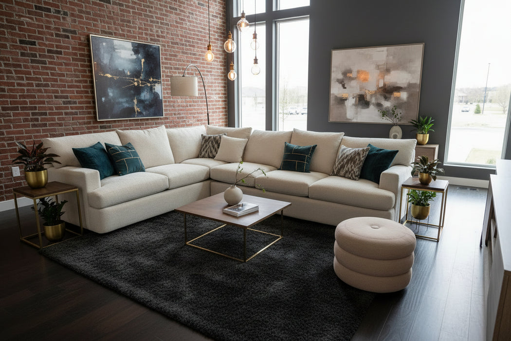 Cream Textured Fabric L-Shaped Sectional Sofa