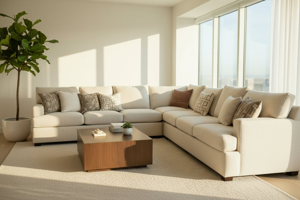 Cream Textured Fabric L-Shaped Sectional Sofa