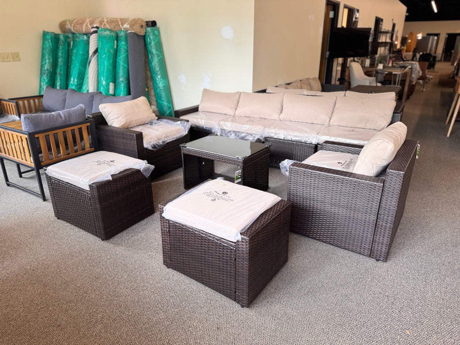 9 Pc Patio outdoor set brown wicker with tan/ beige cushions