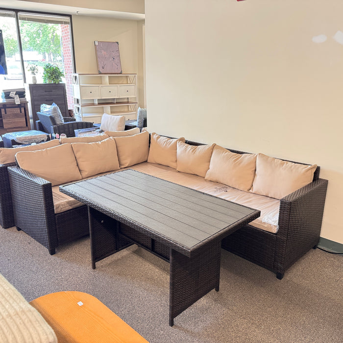 Patio outdoor Sectional with table brown wicker and tan cushions