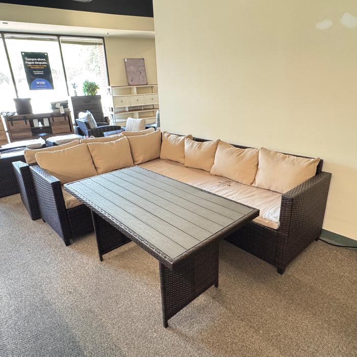 Patio outdoor Sectional with table brown wicker and tan cushions