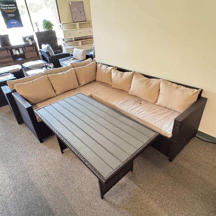 Patio outdoor Sectional with table brown wicker and tan cushions