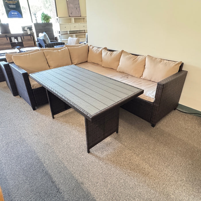 Patio outdoor Sectional with table brown wicker and tan cushions