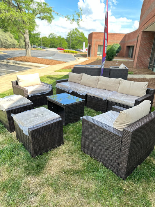 9 Pcs Patio Outdoor dark brown PE Wicker with beige cushions