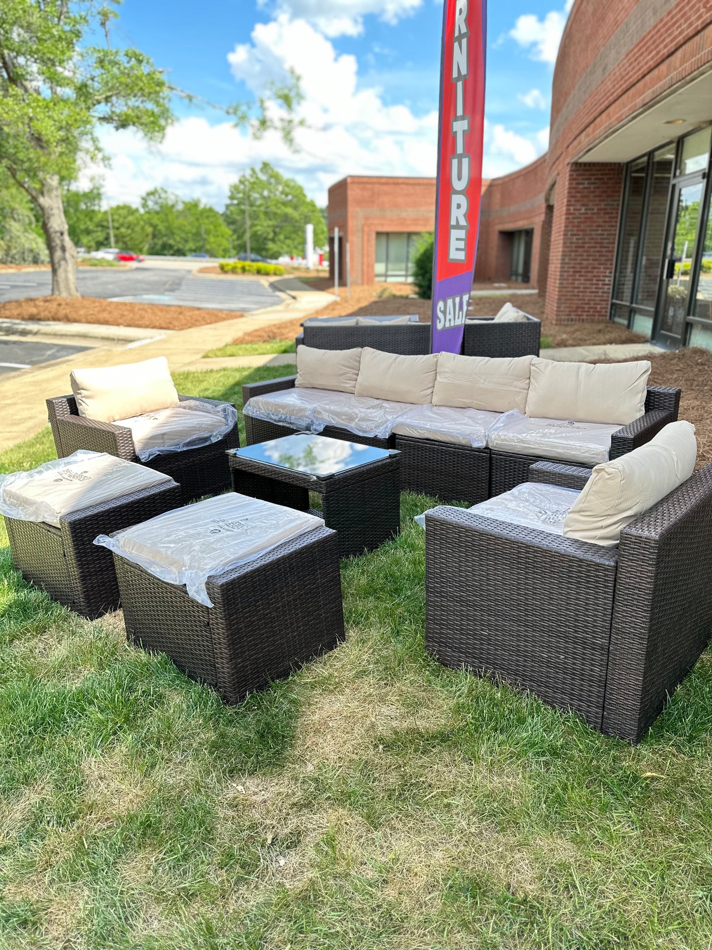 9 Pcs Patio Outdoor dark brown PE Wicker with beige cushions