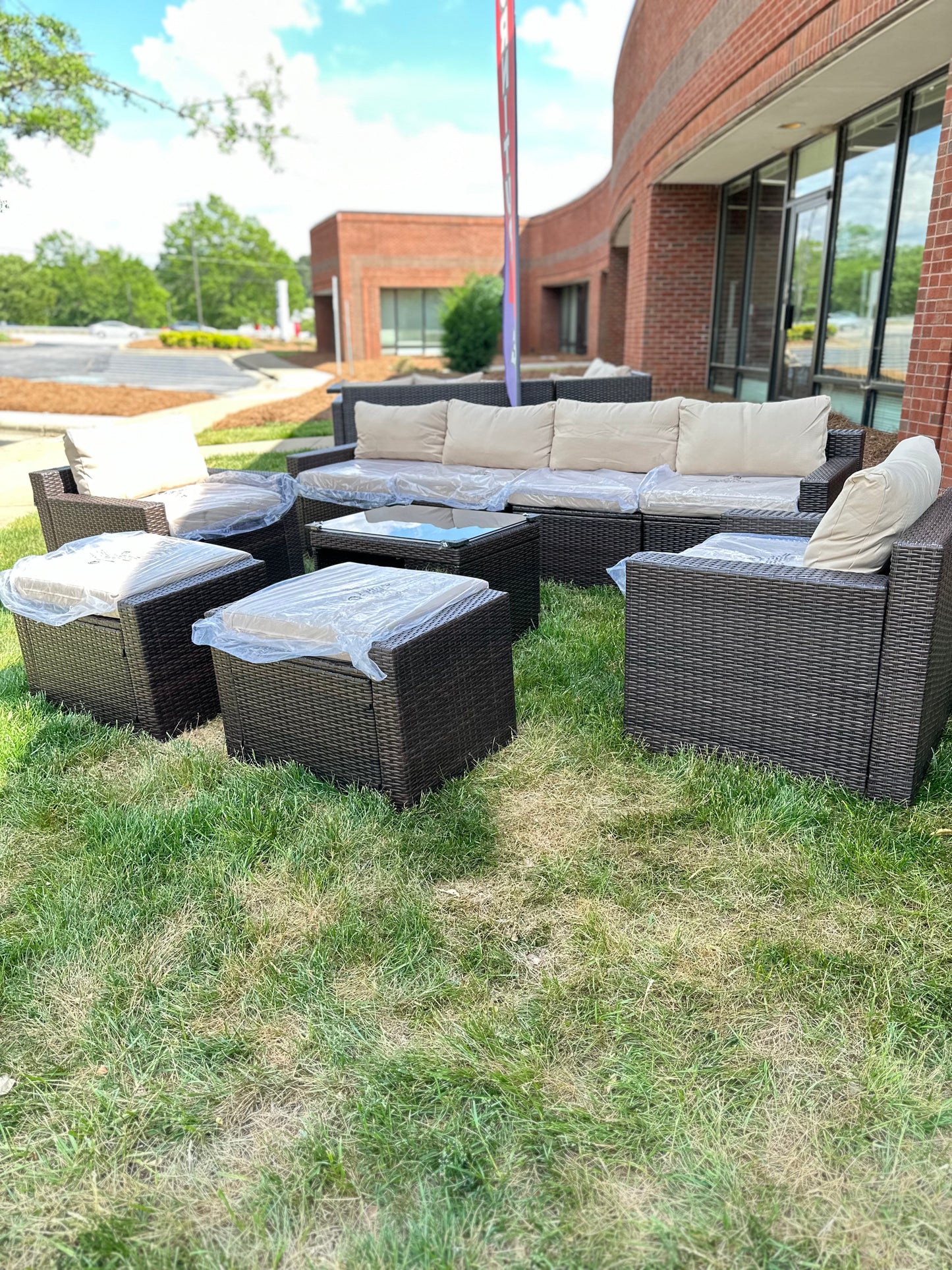 9 Pcs Patio Outdoor dark brown PE Wicker with beige cushions