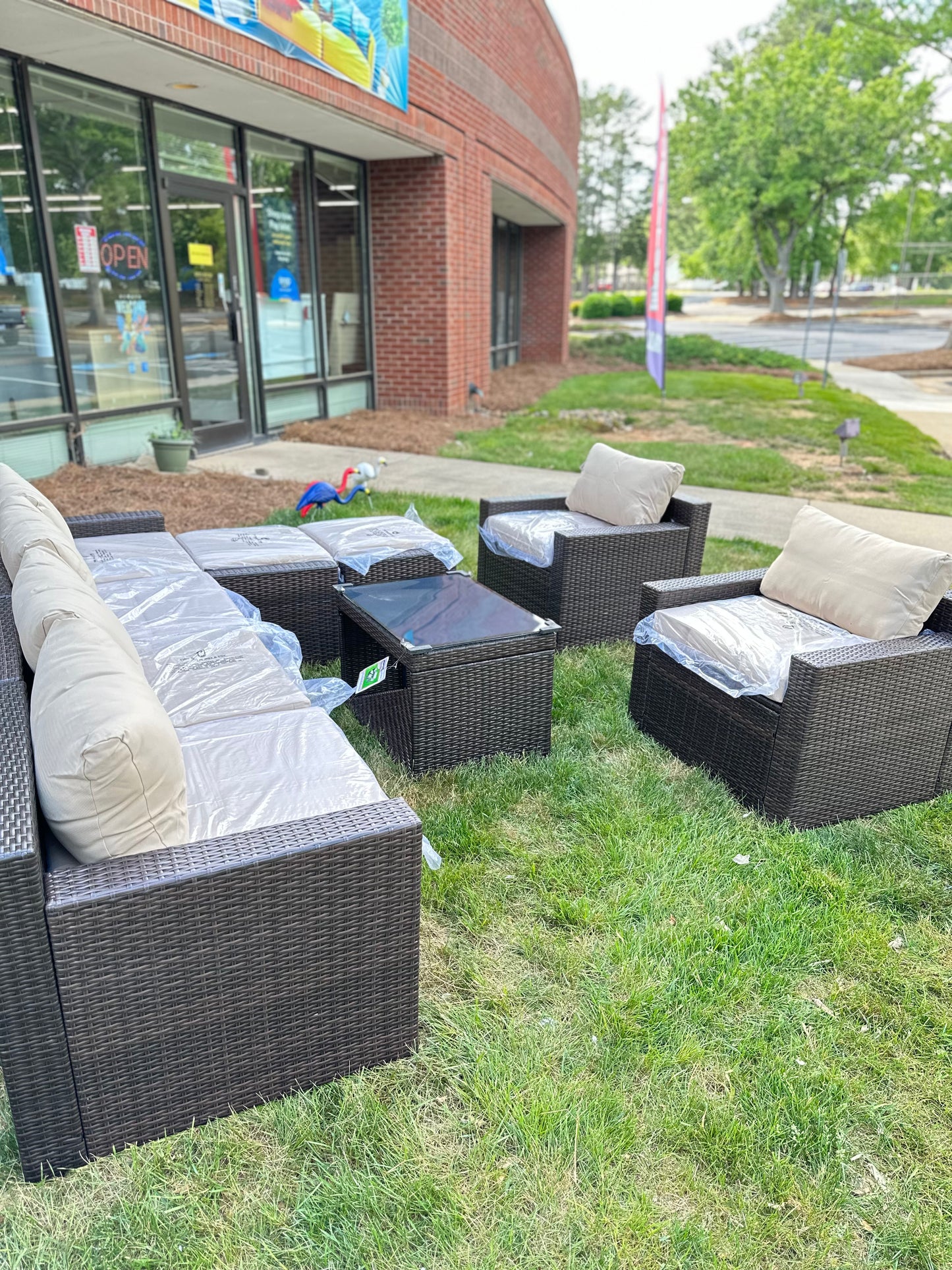 9 Pcs Patio Outdoor dark brown PE Wicker with beige cushions