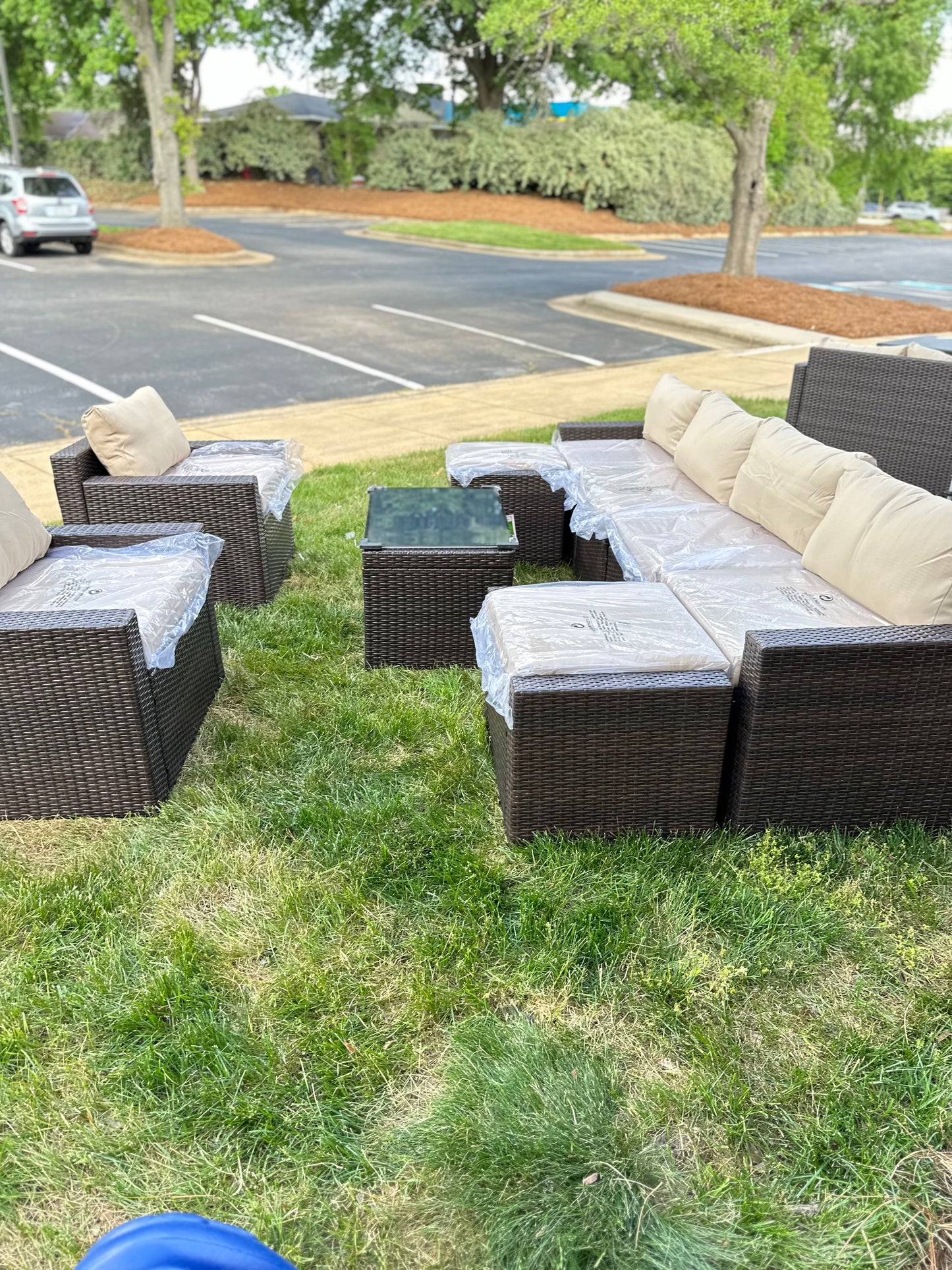 9 Pcs Patio Outdoor dark brown PE Wicker with beige cushions