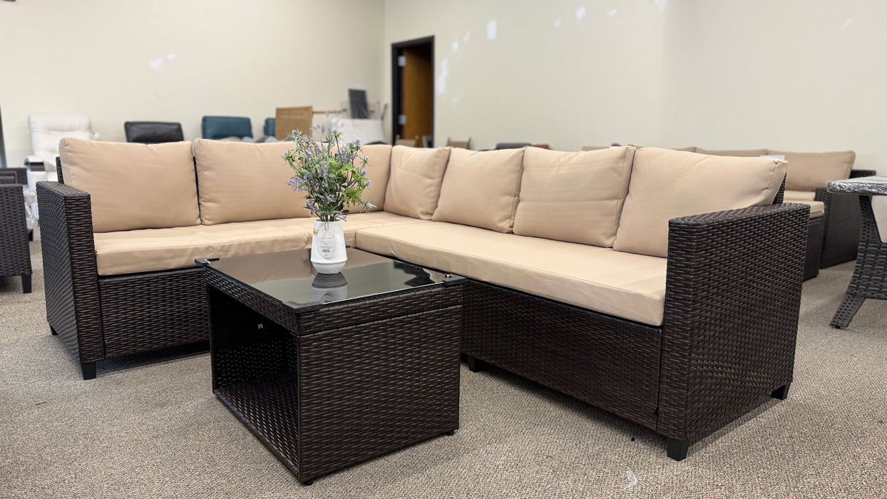 Brown Wicker Patio Outdoor Sectional with Beige Cushions and Tempered Glass table