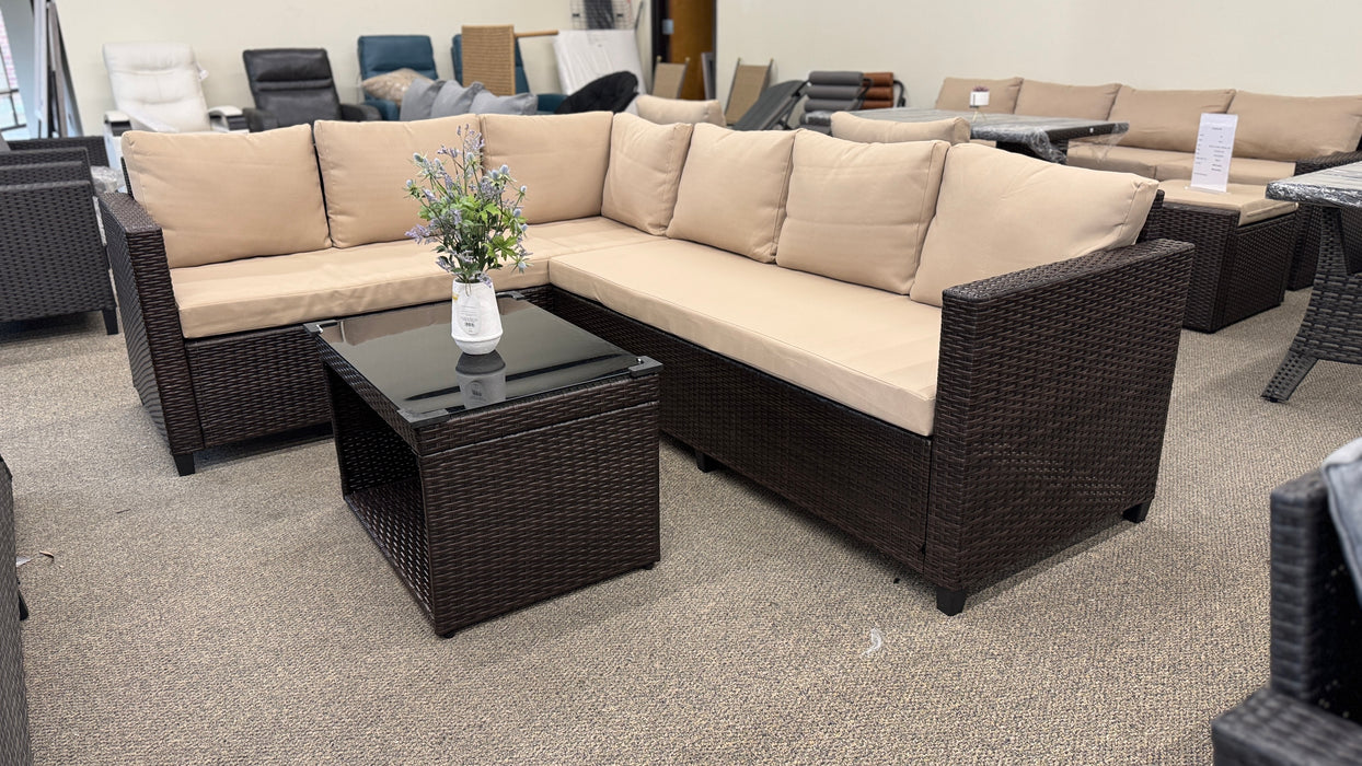 Brown Wicker Patio Outdoor Sectional with Beige Cushions and Tempered Glass table
