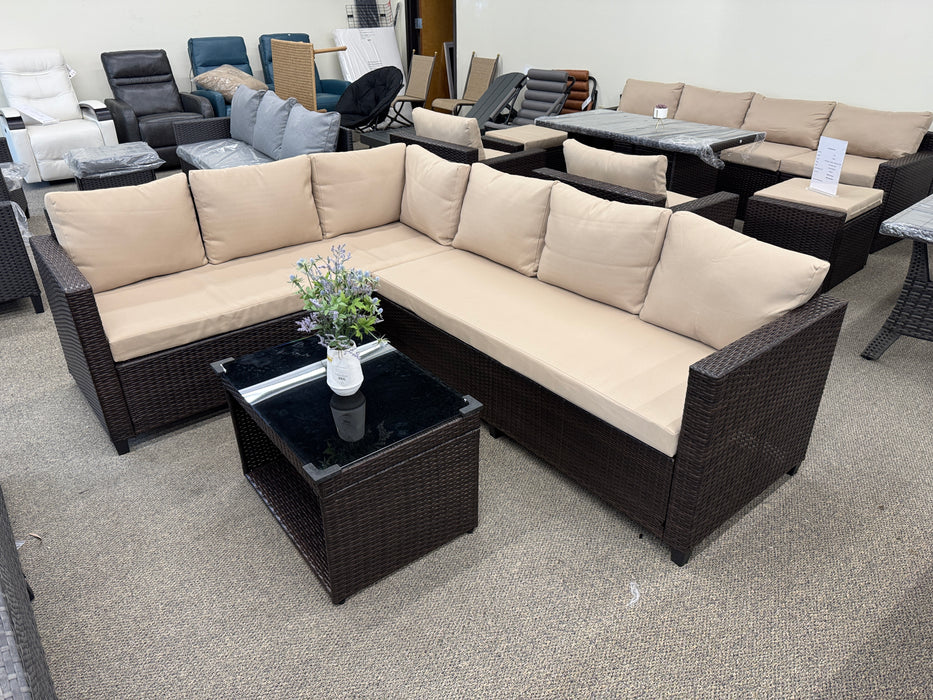 Brown Wicker Patio Outdoor Sectional with Beige Cushions and Tempered Glass table