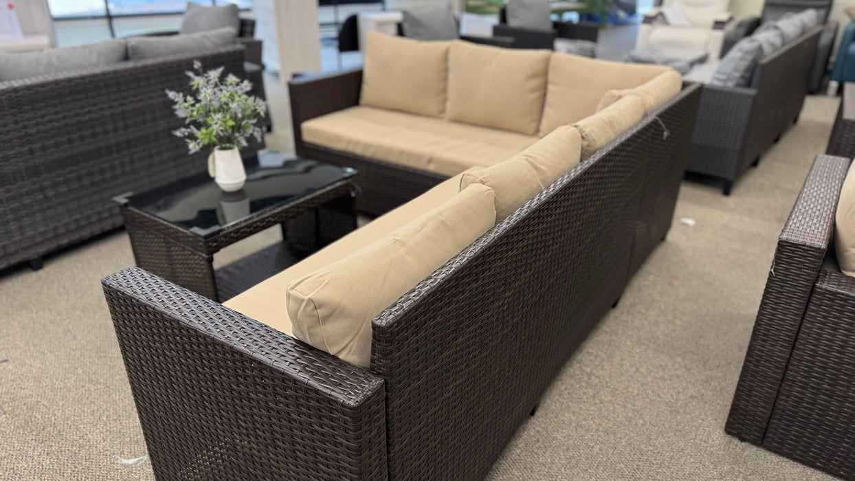 Brown Wicker Patio Outdoor Sectional with Beige Cushions and Tempered Glass table