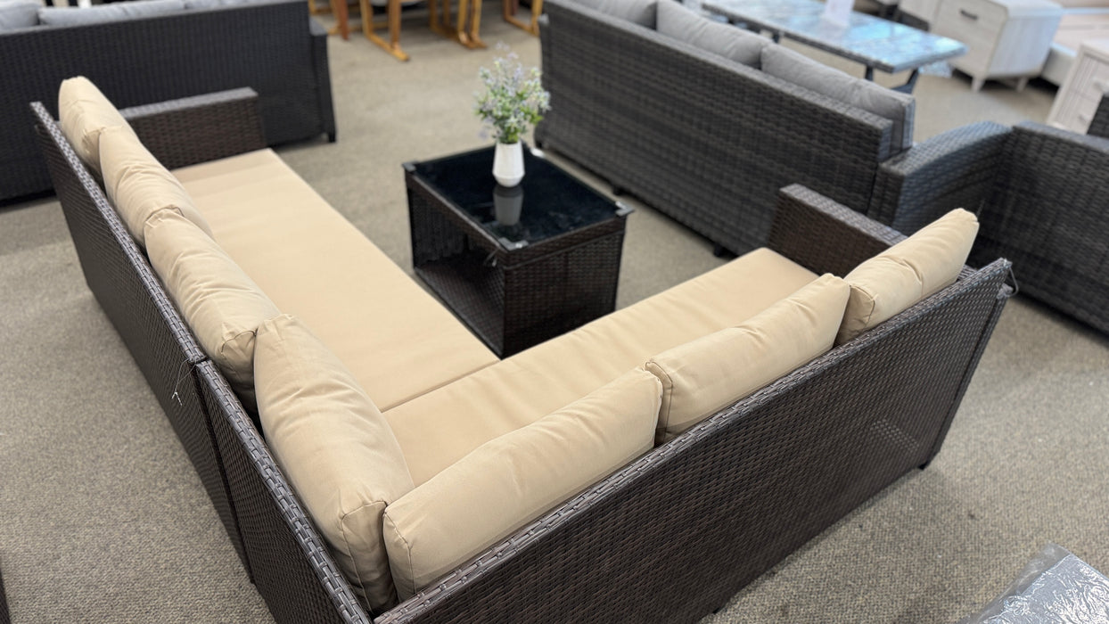 Brown Wicker Patio Outdoor Sectional with Beige Cushions and Tempered Glass table