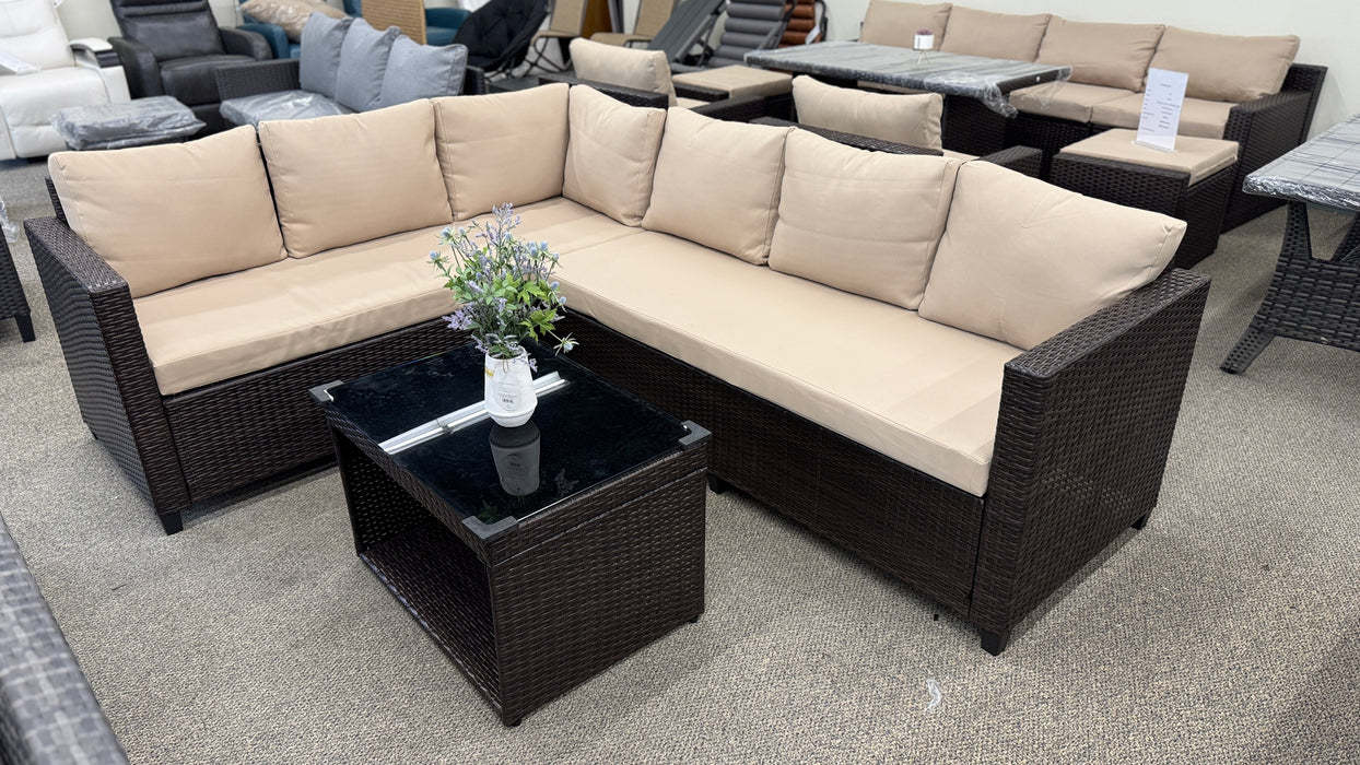 Brown Wicker Patio Outdoor Sectional with Beige Cushions and Tempered Glass table
