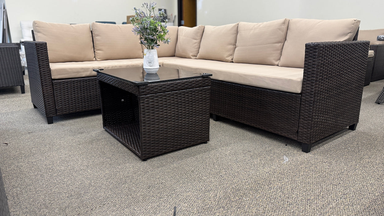 Brown Wicker Patio Outdoor Sectional with Beige Cushions and Tempered Glass table