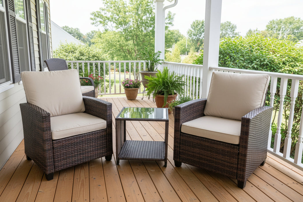 Brand new 3 Pc Patio Outdoor Chairs and Table Brown Wicker Beige Cushions