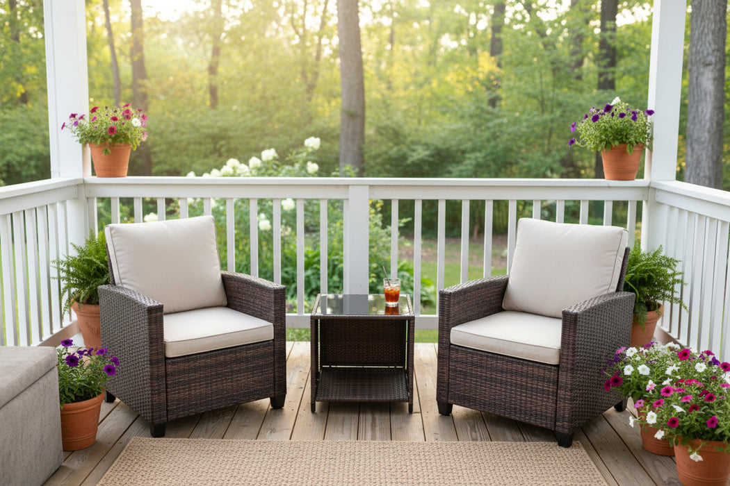 Brand new 3 Pc Patio Outdoor Chairs and Table Brown Wicker Beige Cushions
