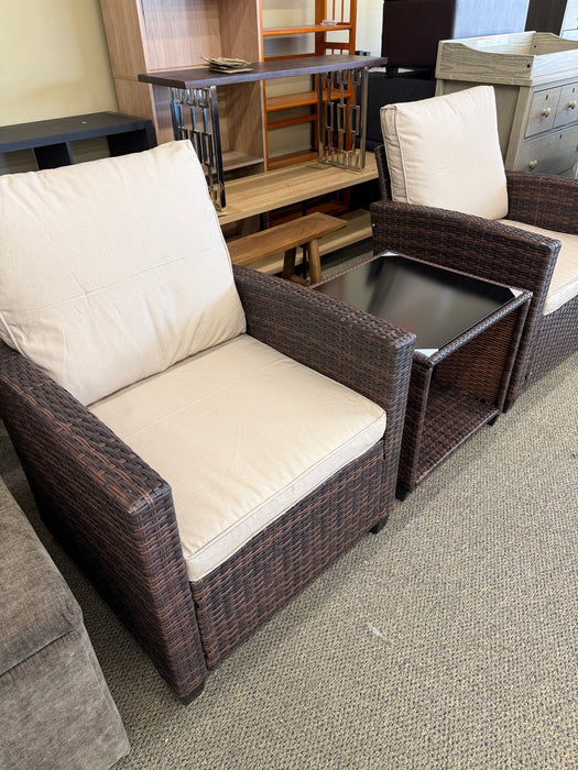 Brand new 3 Pc Patio Outdoor Chairs and Table Brown Wicker Beige Cushions