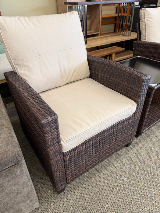 Brand new 3 Pc Patio Outdoor Chairs and Table Brown Wicker Beige Cushions