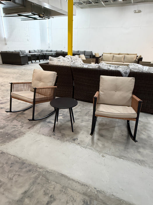 Brand new 3 Pc Patio Rocking Chairs and Table, Beige Cushions