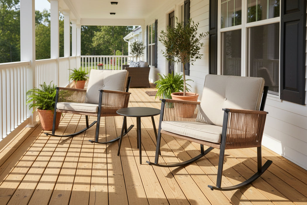 Brand new 3 Pc Patio Rocking Chairs and Table, Beige Cushions