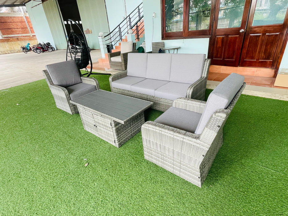 Hilga Patio Outdoor Set With Sofa Swivel Armchairs and Storage Table