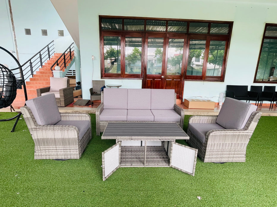 Hilga Patio Outdoor Set With Sofa Swivel Armchairs and Storage Table