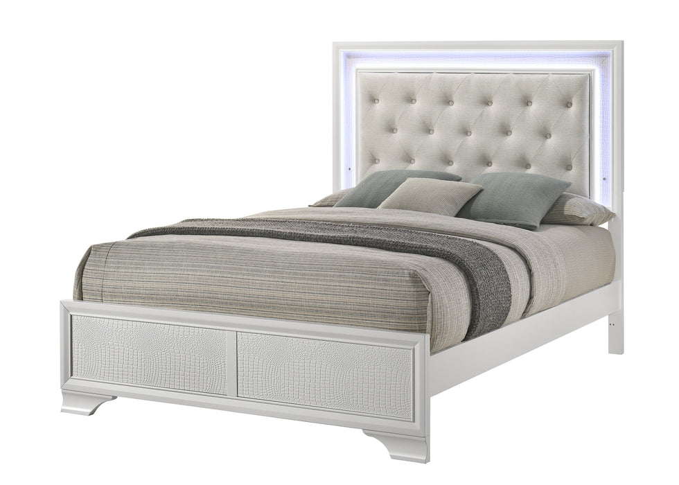 Lyssa Oat and Frost King LED Upholstered Panel Bed
