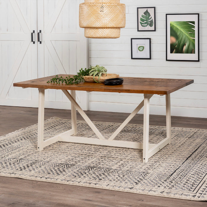 Solid Pine Wood 72" Trestle Dining Table Barnwood White Wash