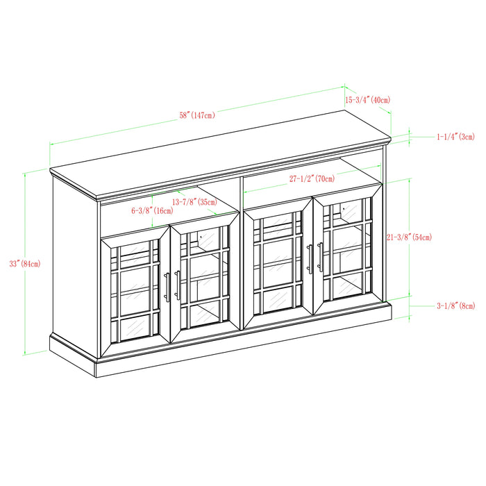 Glass Door Sideboard TV Console with Fretwork Design, Adjustable Shelves & Cord Management