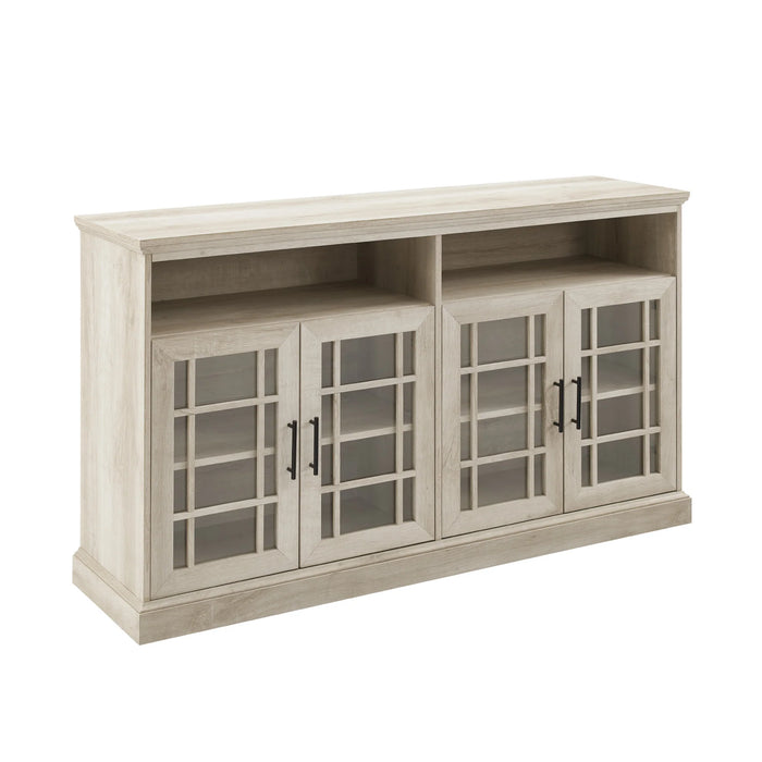 Glass Door Sideboard TV Console with Fretwork Design, Adjustable Shelves & Cord Management