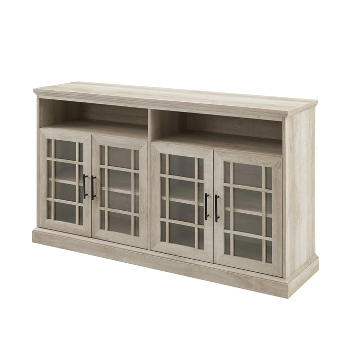 Glass Door Sideboard TV Console with Fretwork Design, Adjustable Shelves & Cord Management
