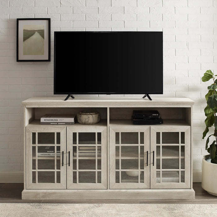 Glass Door Sideboard TV Console with Fretwork Design, Adjustable Shelves & Cord Management