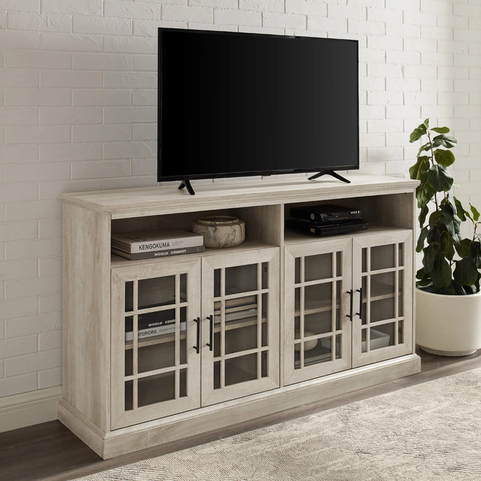Glass Door Sideboard TV Console with Fretwork Design, Adjustable Shelves & Cord Management