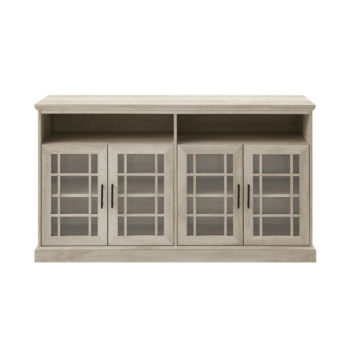 Glass Door Sideboard TV Console with Fretwork Design, Adjustable Shelves & Cord Management