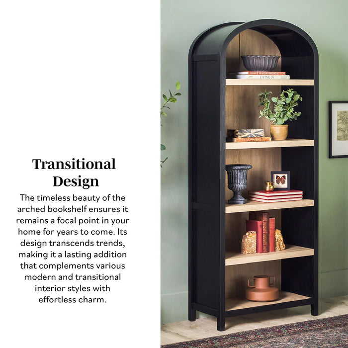 Modern Arched Bookshelf with Open Shelves, Black