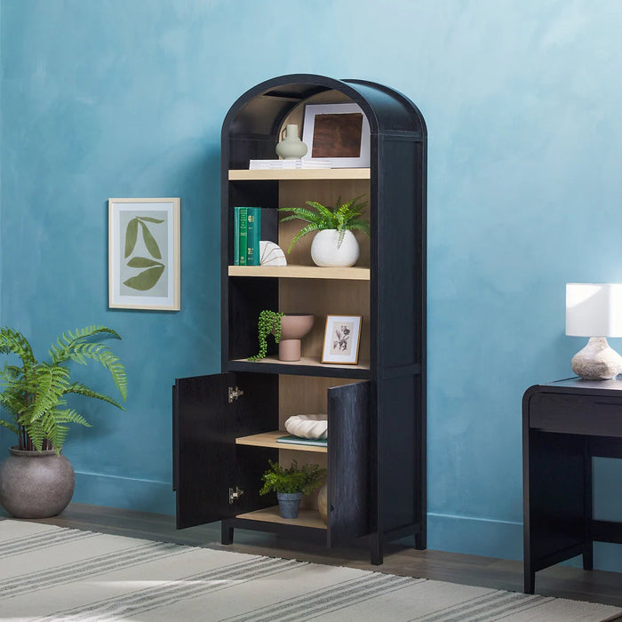 Chantelle Modern Arched Bookshelf with Cabinet, Black