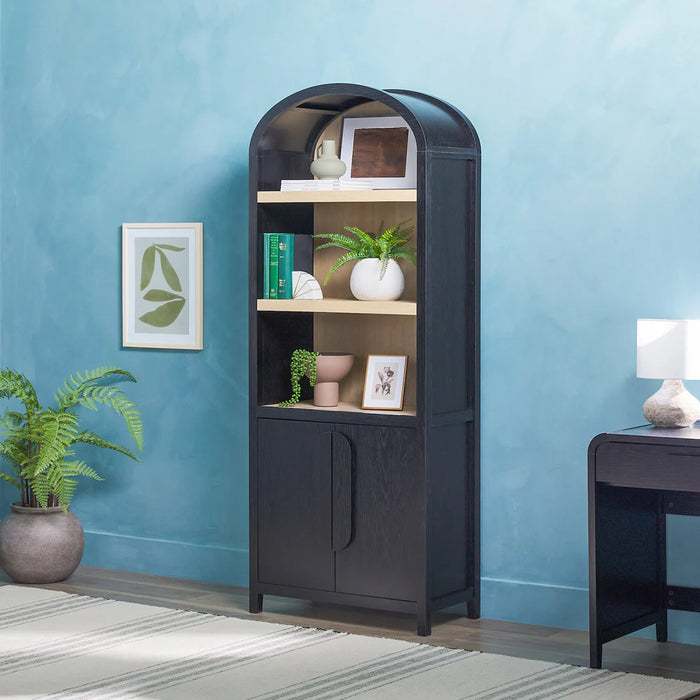 Chantelle Modern Arched Bookshelf with Cabinet, Black
