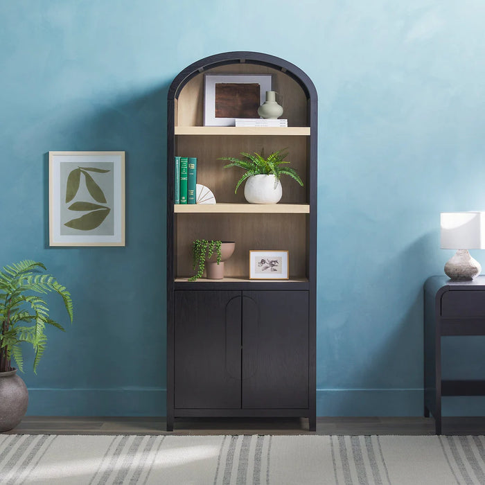 Chantelle Modern Arched Bookshelf with Cabinet, Black