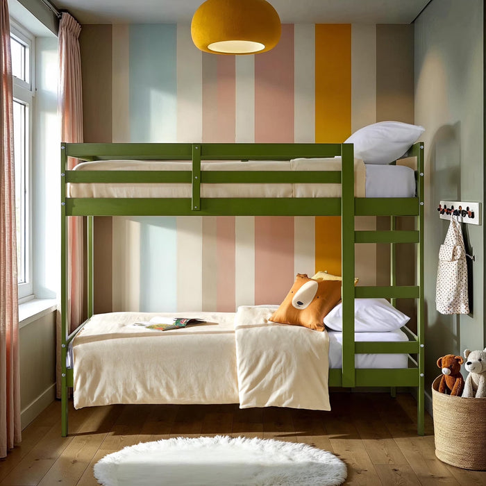 Walker Edison Modern Solid Wood Twin Over Twin Bunk Bed, Olive Green